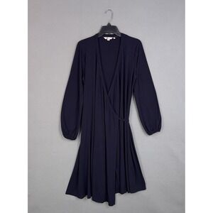 Boden Dress Womens 14 Tall Blue Wrap Jersey Long Sleeve Knee Length Stretch Work